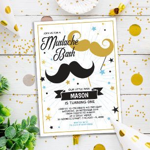 Mustache Bash Boy Birthday Party Faux Glitter Kaart