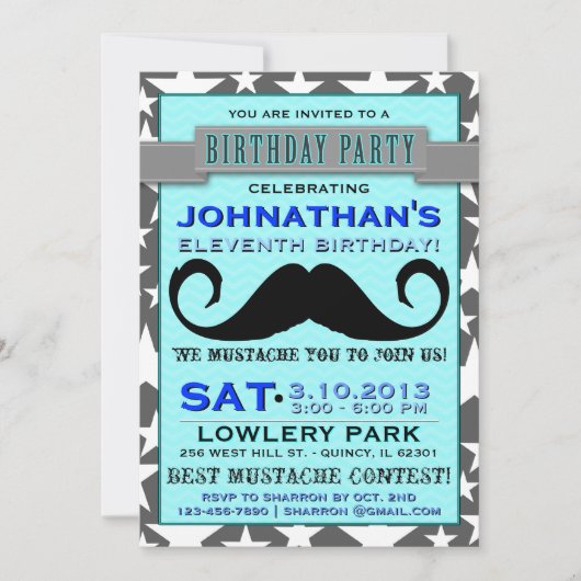 Mustache Bash Chevron Birthday Party Invitation Kaart (Voorkant)
