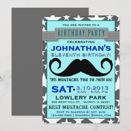 Mustache Bash Chevron Birthday Party Invitation Kaart (Voorkant / Achterkant)
