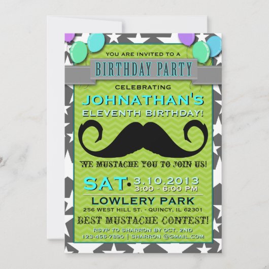 Mustache Bash Chevron Birthday Party Invitation Kaart (Voorkant)