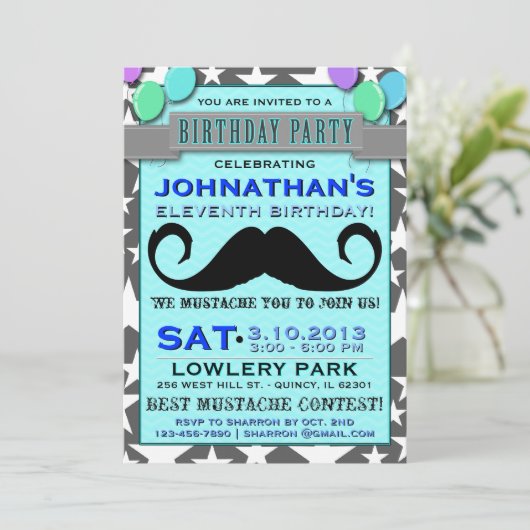 Mustache Bash Chevron Birthday Party Invitation Kaart (Staand voorkant)