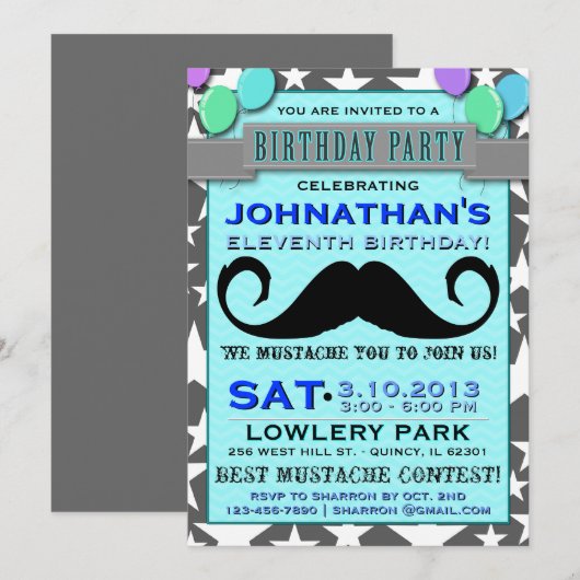 Mustache Bash Chevron Birthday Party Invitation Kaart (Voorkant / Achterkant)