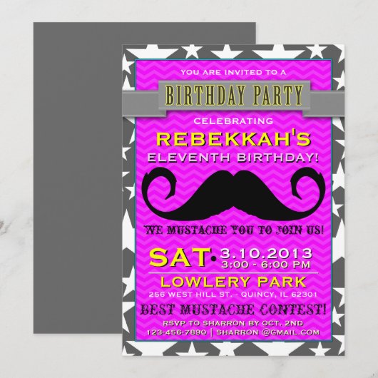 Mustache Bash Chevron Birthday Party Invitation Kaart (Voorkant / Achterkant)