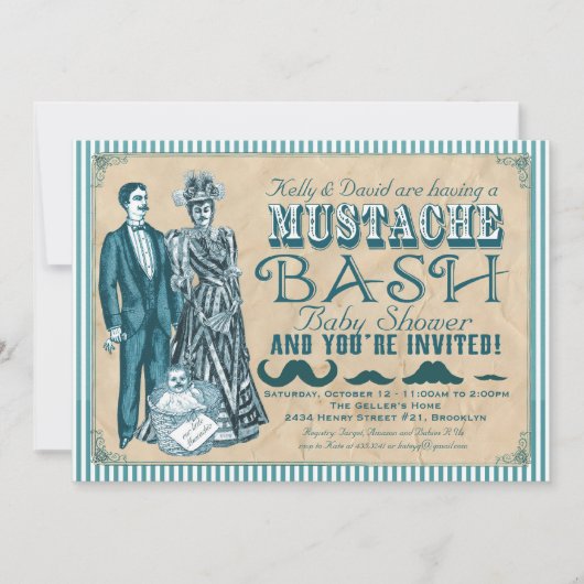 Mustache Bash Couples Baby shower - Blauw en wit Kaart (Voorkant)