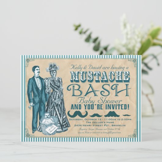 Mustache Bash Couples Baby shower - Blauw en wit Kaart (Staand voorkant)