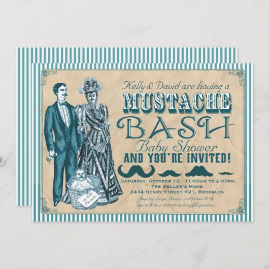 Mustache Bash Couples Baby shower - Blauw en wit Kaart (Voorkant / Achterkant)