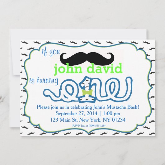 Mustache Bash eerste verjaardag uitnodiging (Voorkant)