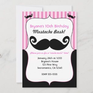 Mustache Bash Girls Pink White Black Invitations Kaart
