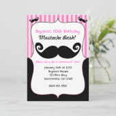 Mustache Bash Meisjes Roze Wit Zwarte Uitnodiginge Kaart (Staand voorkant)
