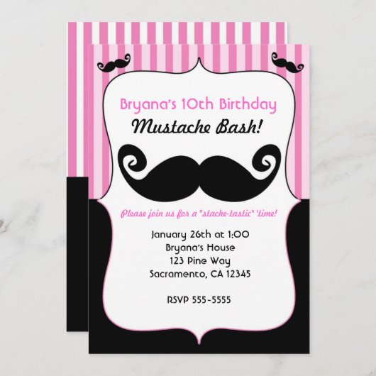 Mustache Bash Meisjes Roze Wit Zwarte Uitnodiginge Kaart (Voorkant / Achterkant)
