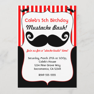 Mustache Bash Red White Striped Invitation Kaart