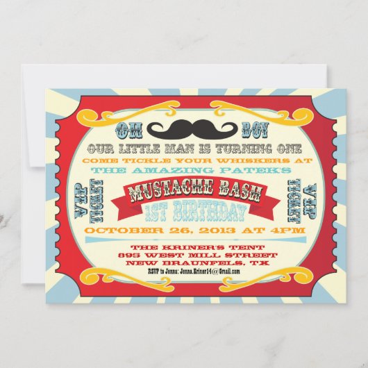 Mustache Bash Ticket Verjaardag Uitnodiging (Voorkant)