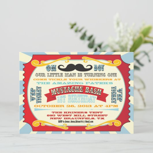 Mustache Bash Ticket Verjaardag Uitnodiging (Staand voorkant)
