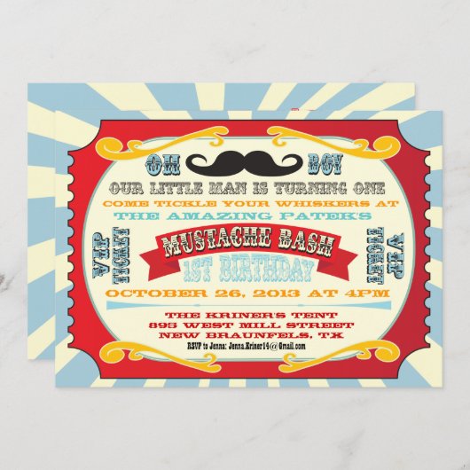 Mustache Bash Ticket Verjaardag Uitnodiging (Voorkant / Achterkant)