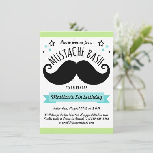 Mustache bash verjaardagsfeest lime green aqua blu kaart (Staand voorkant)