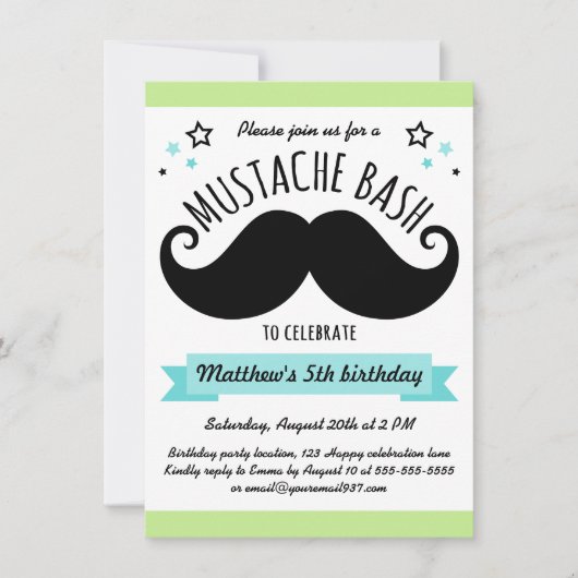 Mustache bash verjaardagsfeest lime green aqua blu kaart (Voorkant)