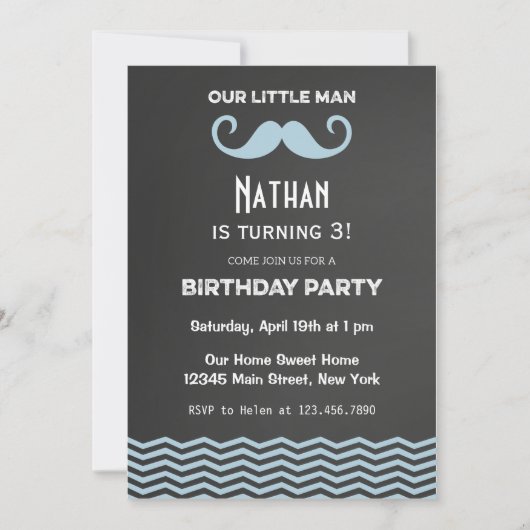 Mustache Birthday Invitation Chalkboard Kaart (Voorkant)