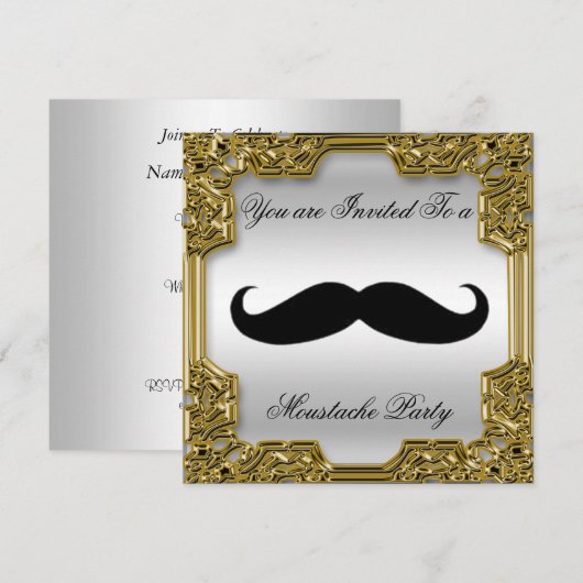 Mustache Birthday Party Invitation Silver Kaart (Voorkant / Achterkant)