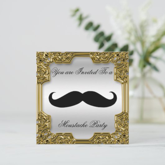 Mustache Birthday Party Invitation Silver Kaart (Staand voorkant)