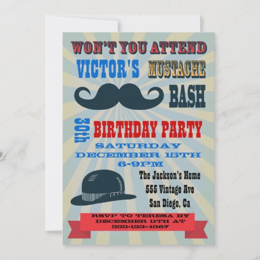 Mustache Birthday Party Kaart (Voorkant)
