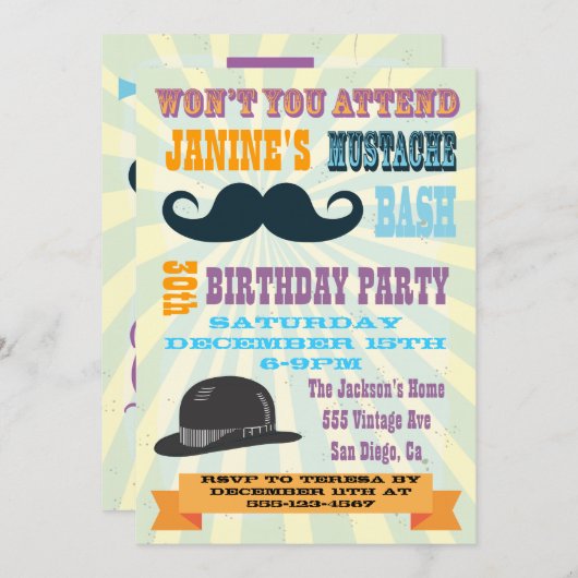 Mustache Birthday Party Kaart (Voorkant / Achterkant)