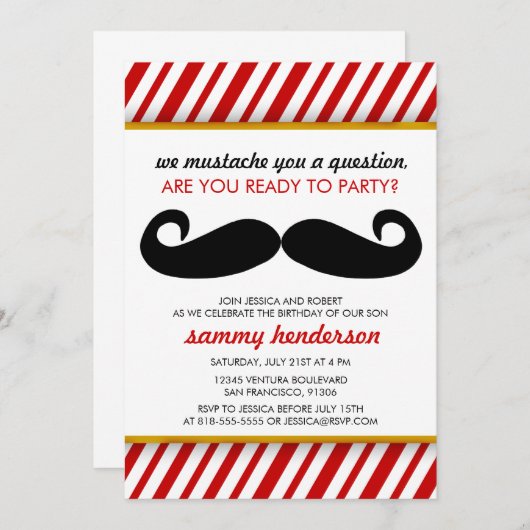 Mustache Birthday Uitnodiging (Voorkant / Achterkant)