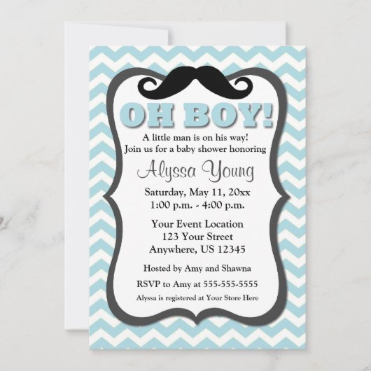 Mustache Blue Chevron Baby shower Invite Kaart (Voorkant)