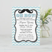 Mustache Blue Chevron Baby shower Invite Kaart (Staand voorkant)