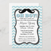Mustache Blue Chevron Baby shower Invite Kaart (Voorkant / Achterkant)