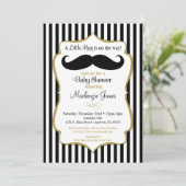 Mustache Boy Baby shower Invitation Black Gold Kaart (Staand voorkant)