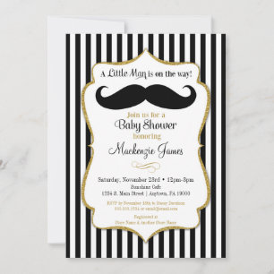 Mustache Boy Baby shower Invitation Black Gold Kaart