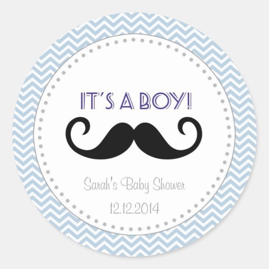 Mustache Boy Baby shower Sticker Blue Chevron (Voorkant)
