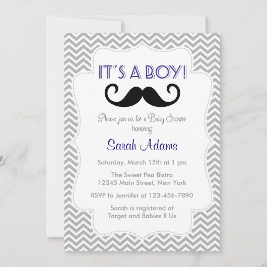 Mustache Boy Baby shower Uitnodiging Gray Chevron (Voorkant)