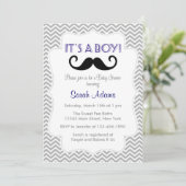 Mustache Boy Baby shower Uitnodiging Gray Chevron (Staand voorkant)