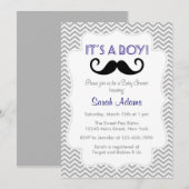 Mustache Boy Baby shower Uitnodiging Gray Chevron (Voorkant / Achterkant)