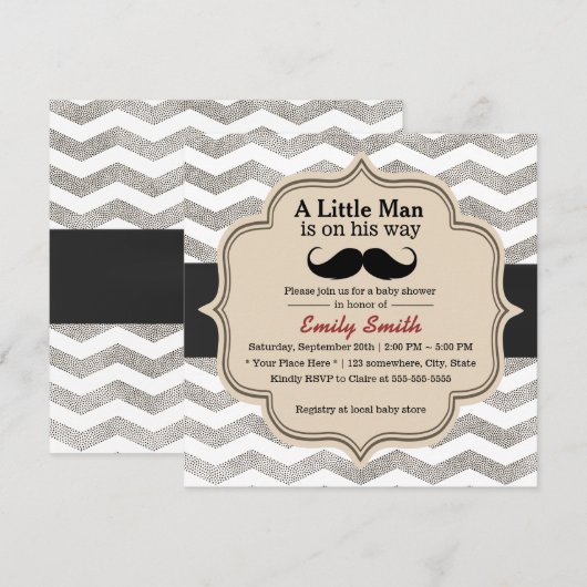Mustache Boy Modern Chevron Baby shower Kaart (Voorkant / Achterkant)