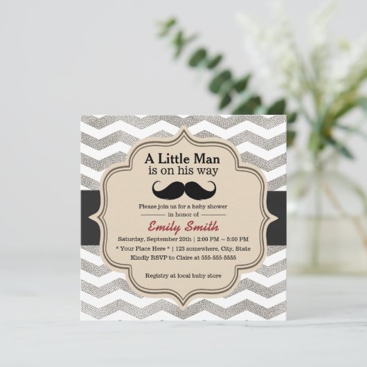 Mustache Boy Modern Chevron Baby shower Kaart (Staand voorkant)