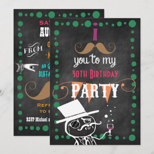 Mustache Chalkboard Birthday Party Kaart (Voorkant / Achterkant)