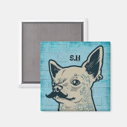 Mustache Chihuahua Graffiti Monogram Magneet (Voorkant / Achterkant)