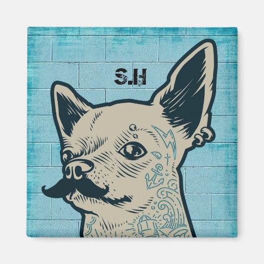 Mustache Chihuahua Graffiti Monogram Magneet (Voorkant)