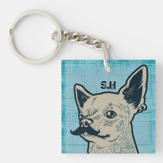Mustache Chihuahua Graffiti Monogram Sleutelhanger (Voorkant)