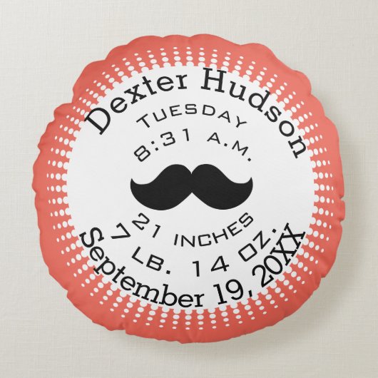 Mustache Coral Oranje personalisalisaliseert geboo Rond Kussen (Voorkant)