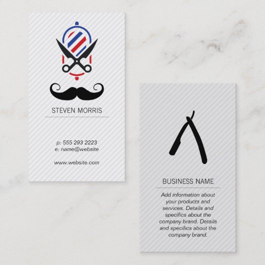 Mustache en Barber Pole Schaar Visitekaartje (Voorkant / Achterkant)