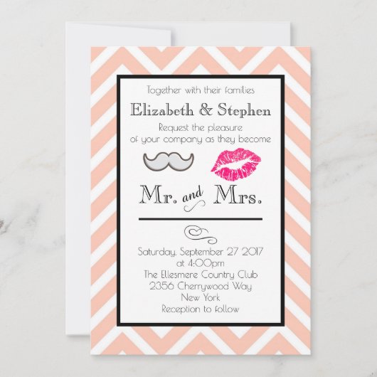 Mustache en Lippen Bruiloft Uitnodigen op Perzik C Kaart (Voorkant)