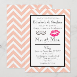 Mustache en Lippen Bruiloft Uitnodigen op Perzik C Kaart