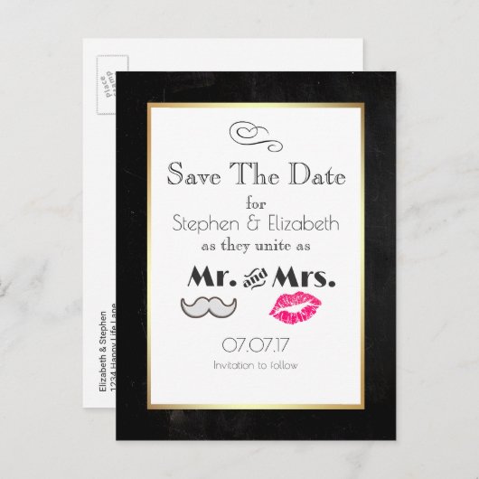Mustache en lippen Mr en Mrs Save the Date Aankondigingskaart (Voorkant / Achterkant)