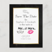 Mustache en lippen Mr en Mrs Save the Date Aankondigingskaart (Voorkant)