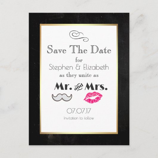 Mustache en lippen Mr en Mrs Save the Date Aankondigingskaart (Voorkant)