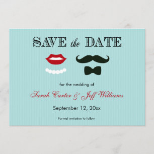 Mustache en Lips Aqua Stripe Save the Date Cards