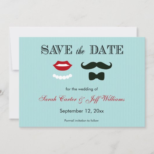Mustache en Lips Aqua Stripe Save the Date Cards (Voorkant)